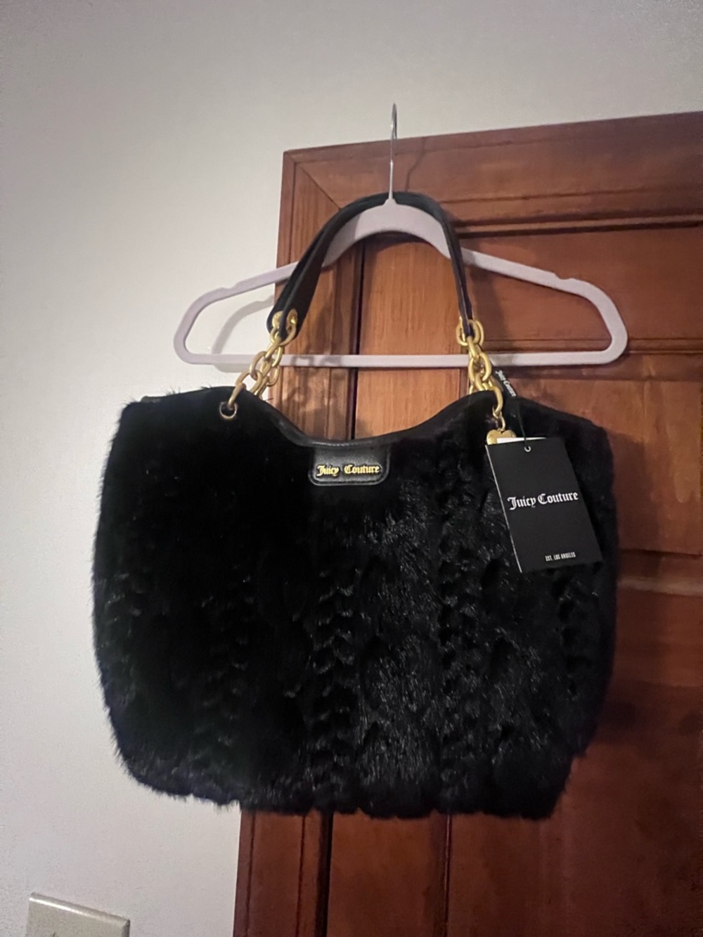 UK Juicy Couture Black Faux Fur Shoulder Bag NWT Gold Chain Rare